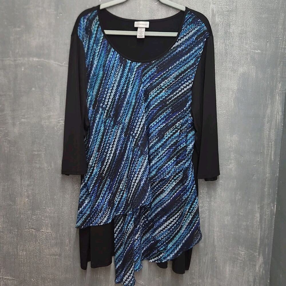 Catherine's Layered Tunic Size 2X Black & Blue 3/4 Sleeve Knit Top